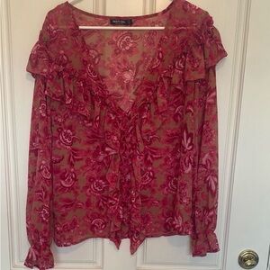 Women's Tan Pink Fuchsia Floral Ruffle Long Sleeve Top